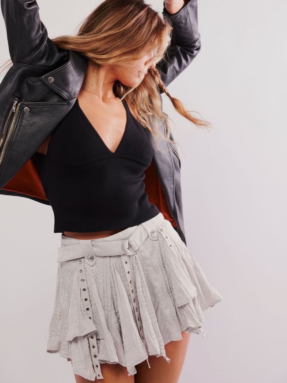 Free People Rue Godet Belted Hardware Flouncy Mini Skirt